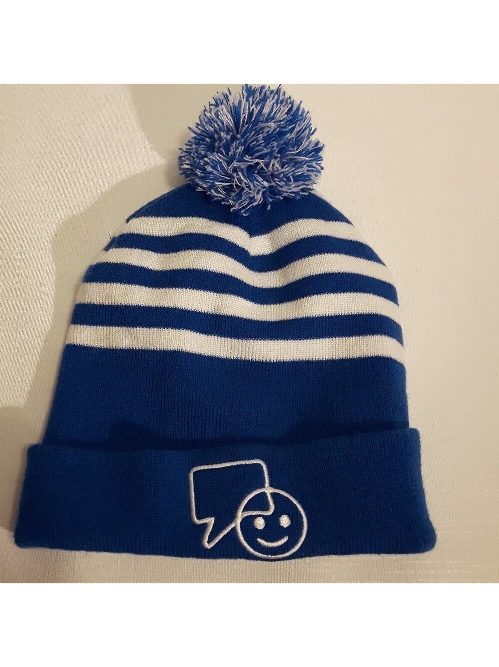 Bell Let's Talk Day White and Blue Striped Toque Pom Pom Beanie